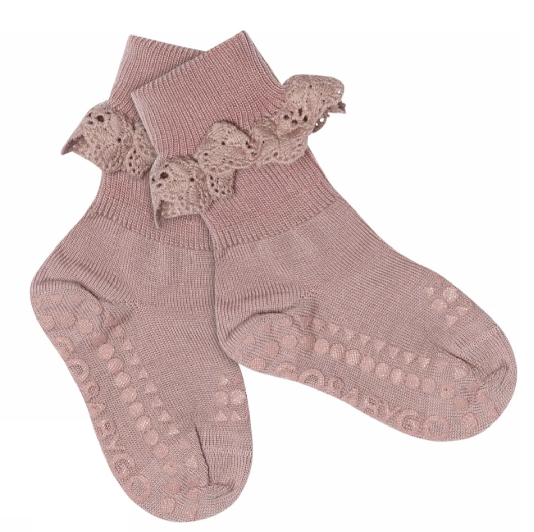 GoBabyGo Merino Wool libisemiskindlad meriinovillased pitsiga sokid Rose Blush